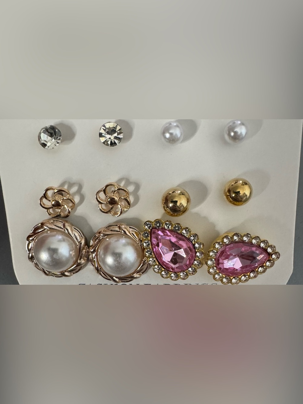 Assorted Women's Earring Set with Pink Teardrop and Pearl Studs 6 pairs
